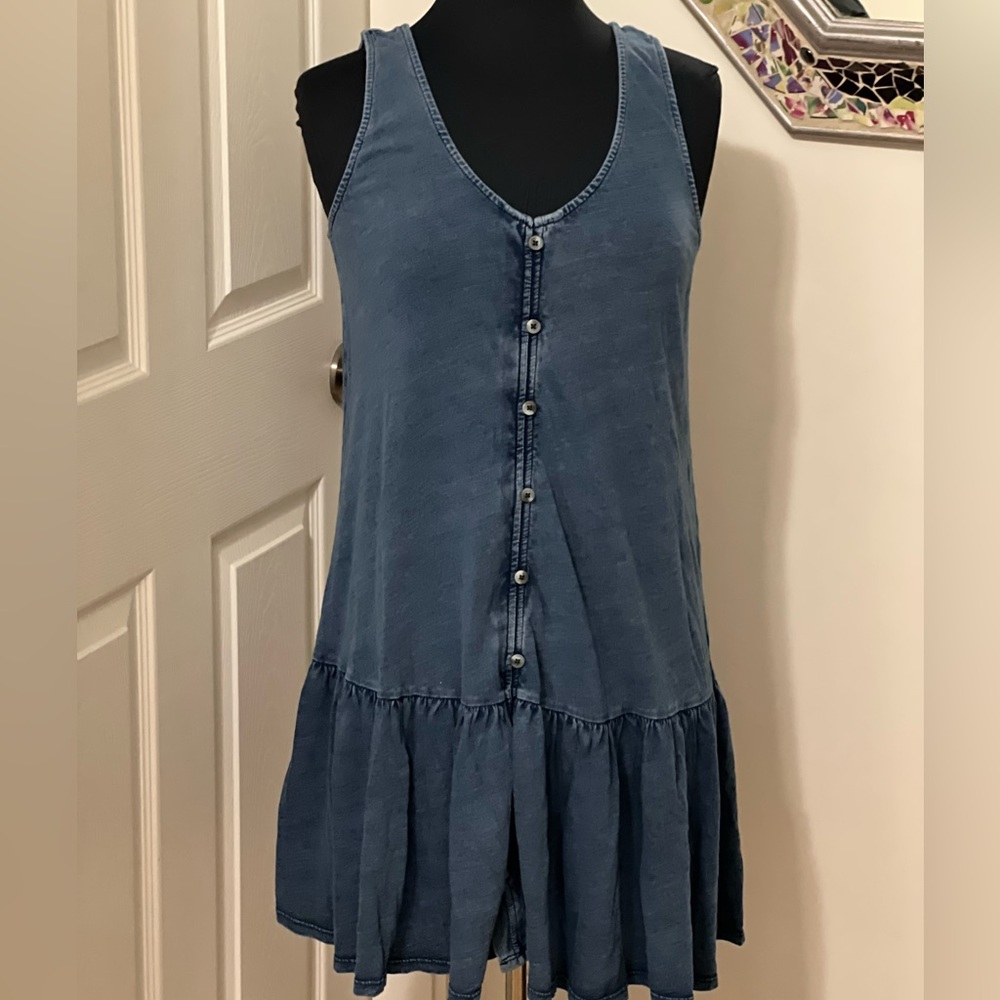 American Eagle Blue Chambray Sleeveless Drop waist Faux Button-Down Dress